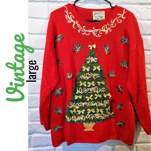 Vintage Christmas tree sweater large red green - Picture 1 of 8